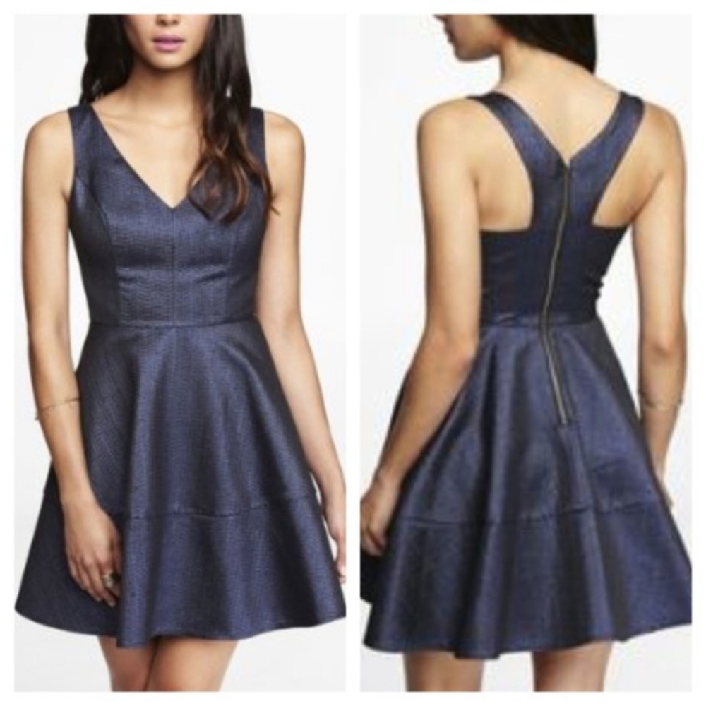 Express blue metallic jacquard fit and flare dress